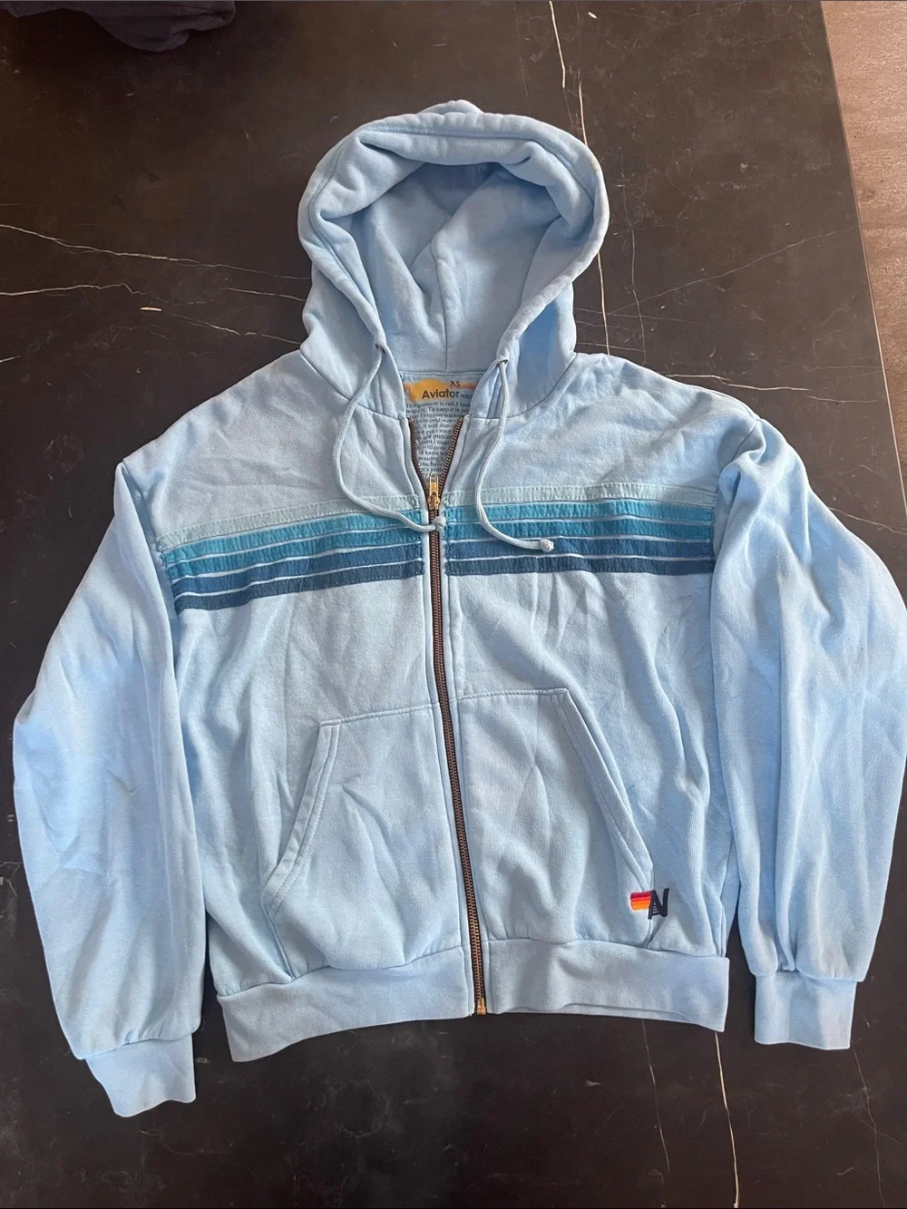 Aviator Nation Light Blue Zip-Up Hoodie with Blue Stripe Chest - Picture 1 of 3